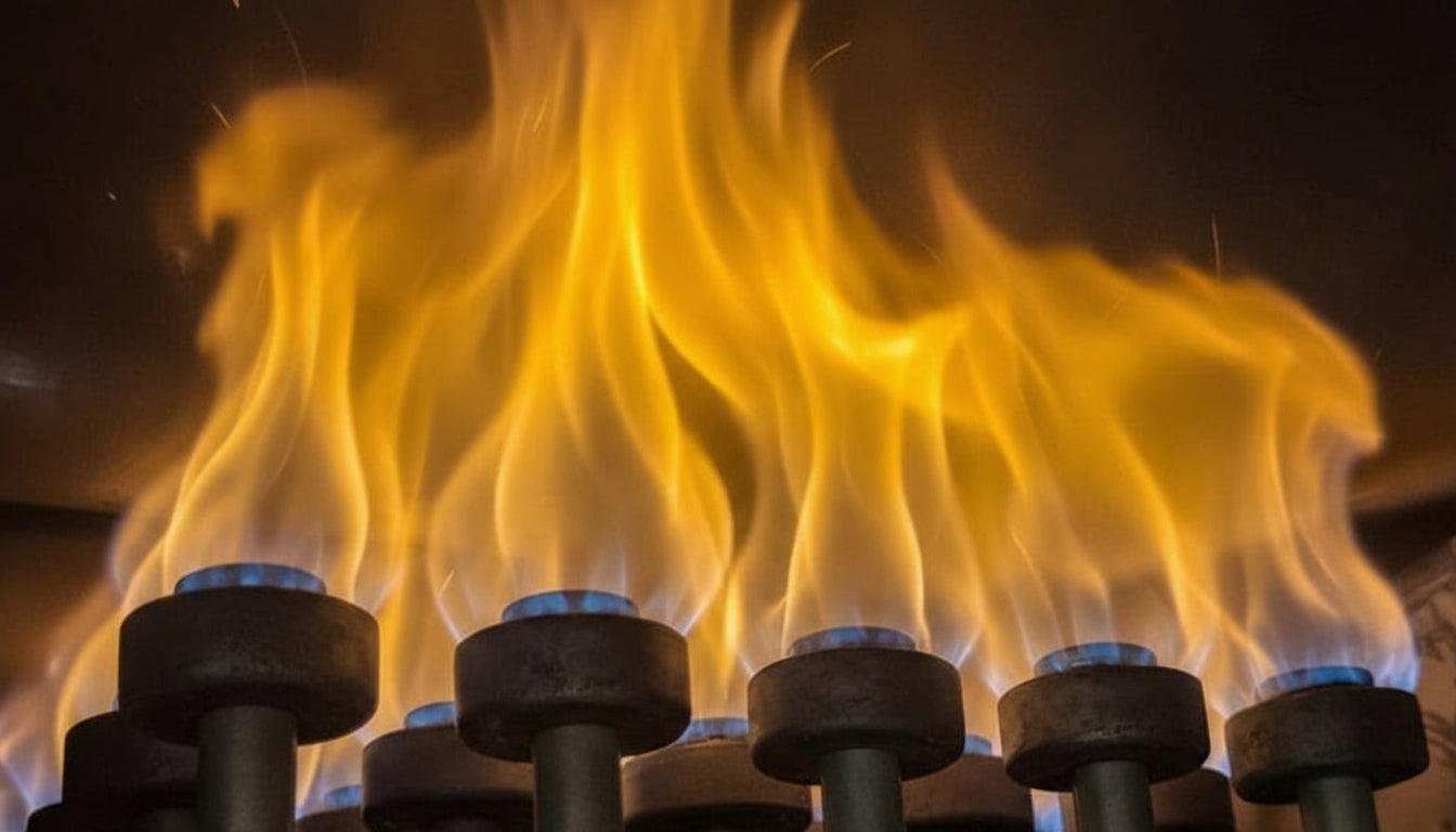 Close-up of multiple gas burners with flames